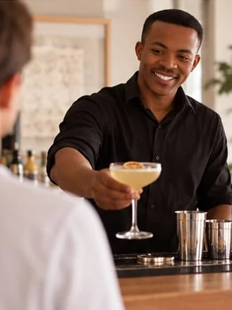 A bartender hands a finished coupe cocktail across the bar to a guest.